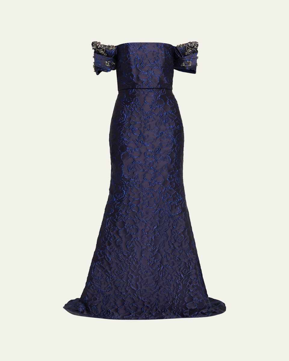 Beaded Off-Shoulder Jacquard Trumpet Gown